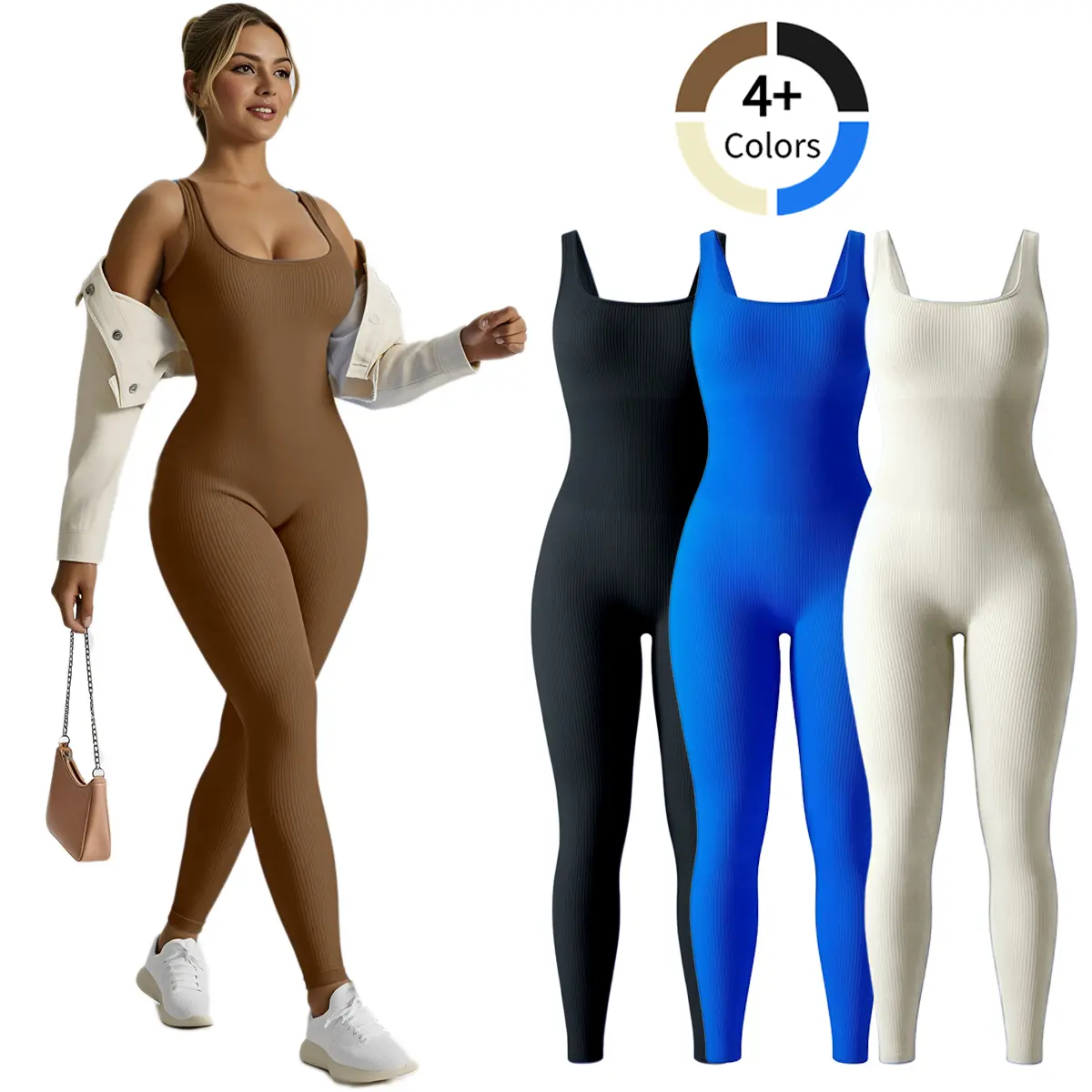 High-Elasticity Ribbed Workout Jumpsuit - Sporty Breathable Gym Bodysuit for Women Form-Flattering Long Sleeve Fitness Suit Machine Washable All-Season Activewear Ideal for Yoga & Sports Athletic Training Apparel, Fitness Sport Outfits