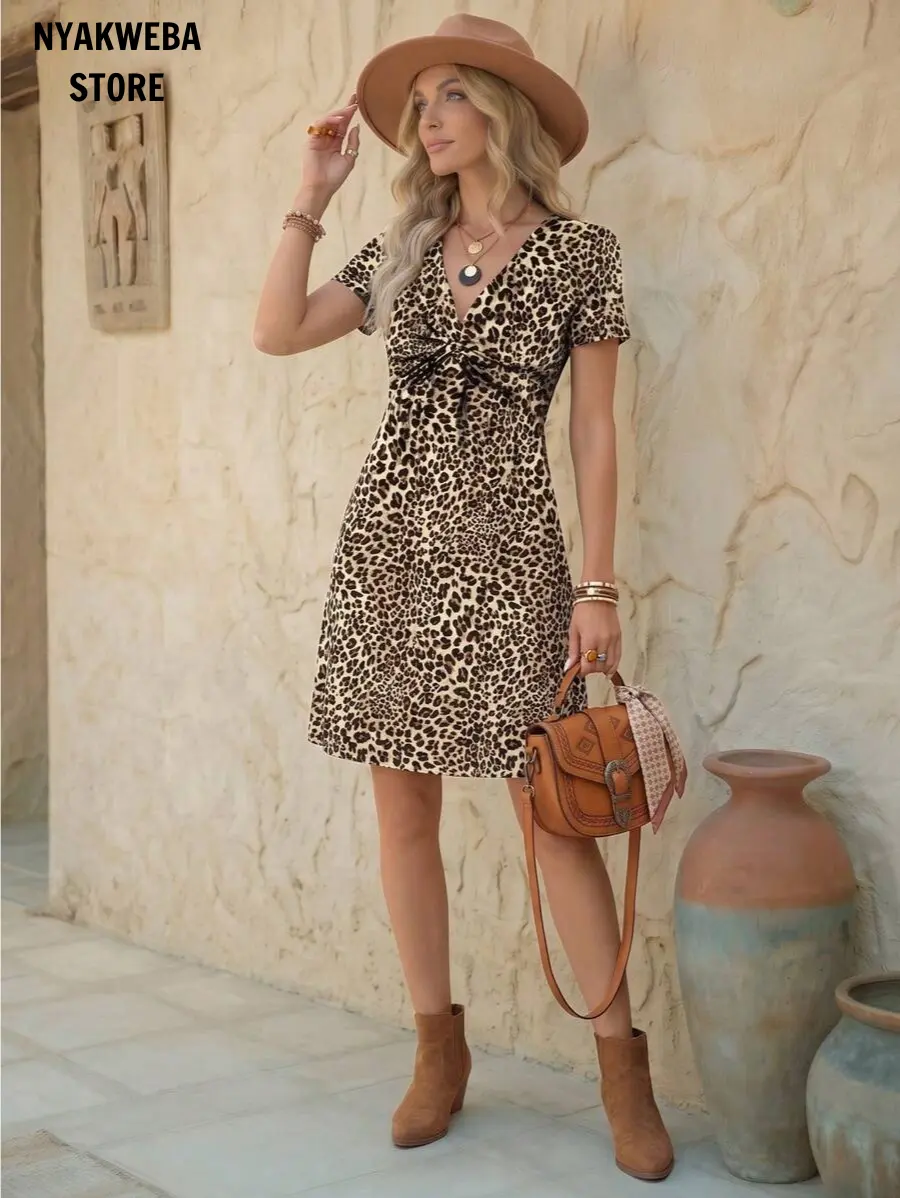NYAKWEBA STORE Womens Leopard Print V-Neck Twist Front Mini Dress Short Sleeve A Line Casual Summer Boho Vacation Sundress