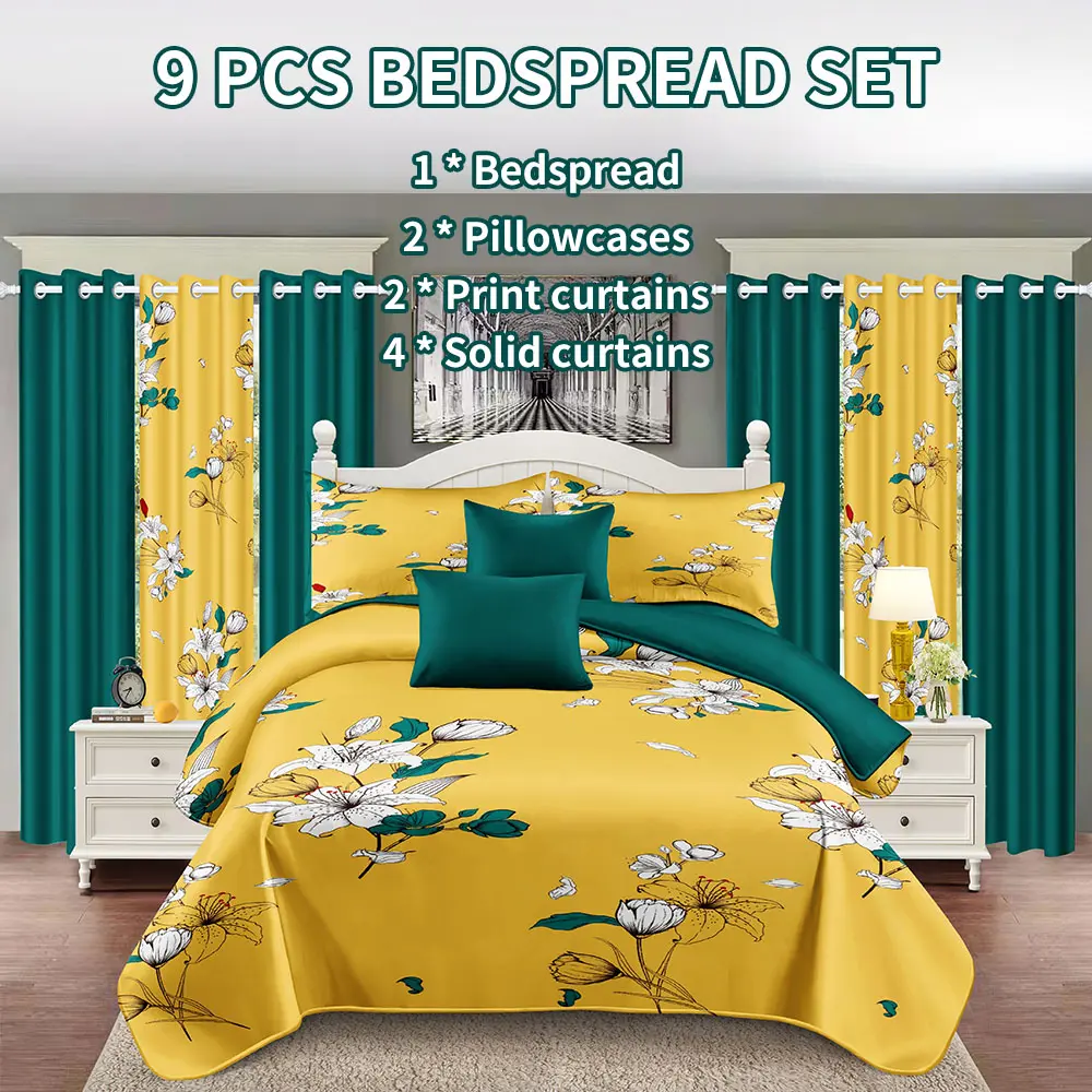 Surprise! 9-piece home decor set (various patterns available): bedspread 1 + printed pillowcases 2 + curtains 6 (printed ×2, solid color ×4), all-season, suitable for home decoration, making the bedroom more beautiful