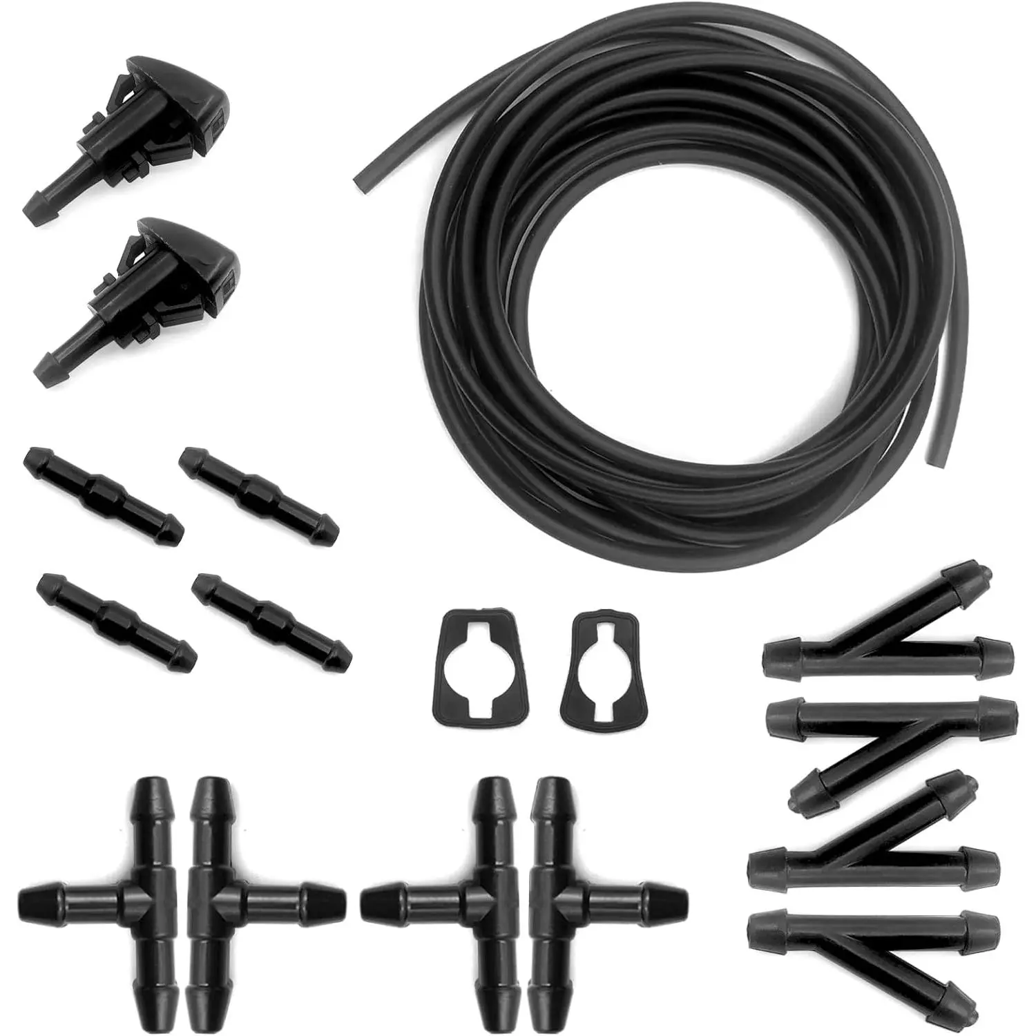 Windshield Washer Hose Kit, 5M Washer Fluid Hose+12 Pcs Hose Connectors+2 Fan Nozzles+2 Rubber Gaskets, Connect  Water Pump and Nozzles, Suitable for   Windshield Washer Tubing