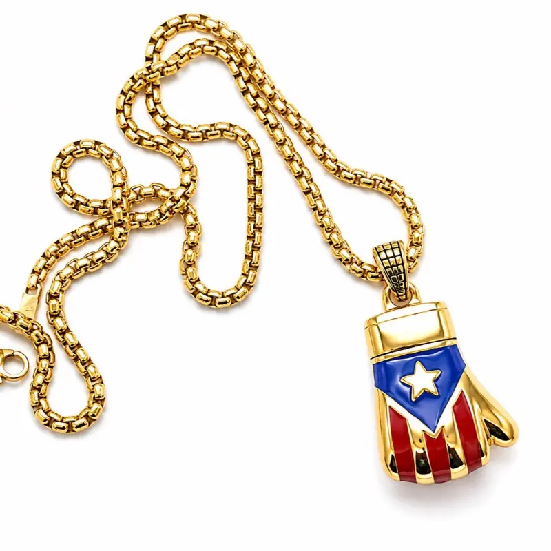 Papiichulo Boricua Gold Boxing Glove Stainless Steel Necklace (Small) Chain Set - Unisex Design jewelry men