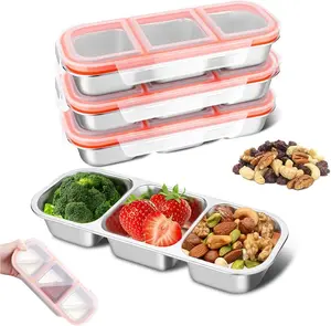 4 Pack Stainless Steel Snack Containers, 3 Compartment Metal  Box, Leak Proof Snack Containers with , for  Camping (3 Grid Lunch Box)