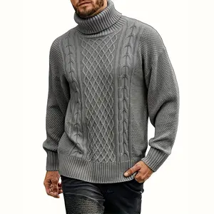 Men's Fashion Solid Color Turtleneck Sweater, Breathable Comfort Cable Knit Pullover, Minimalist Versatile Retro Streetwear for Fall/Winter Outdoor Casual