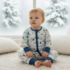 Bamboo Zippy Pajama Winter Village - Soft Eczema-Friendly Double Zipper Convertible Footies & Mittens for Growing Babies Matching Family Set