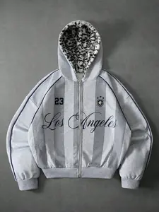 Unisex Streetwear Fleece Lined Zip Up Hoodie Light Gray Striped Number 23 Badge Graphic Jacket For Men Women Casual Outdoor Fall Winter