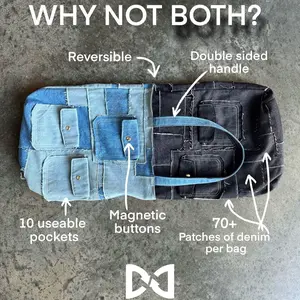 Reversible Denim Patchwork Totebag. Blue and black denim.