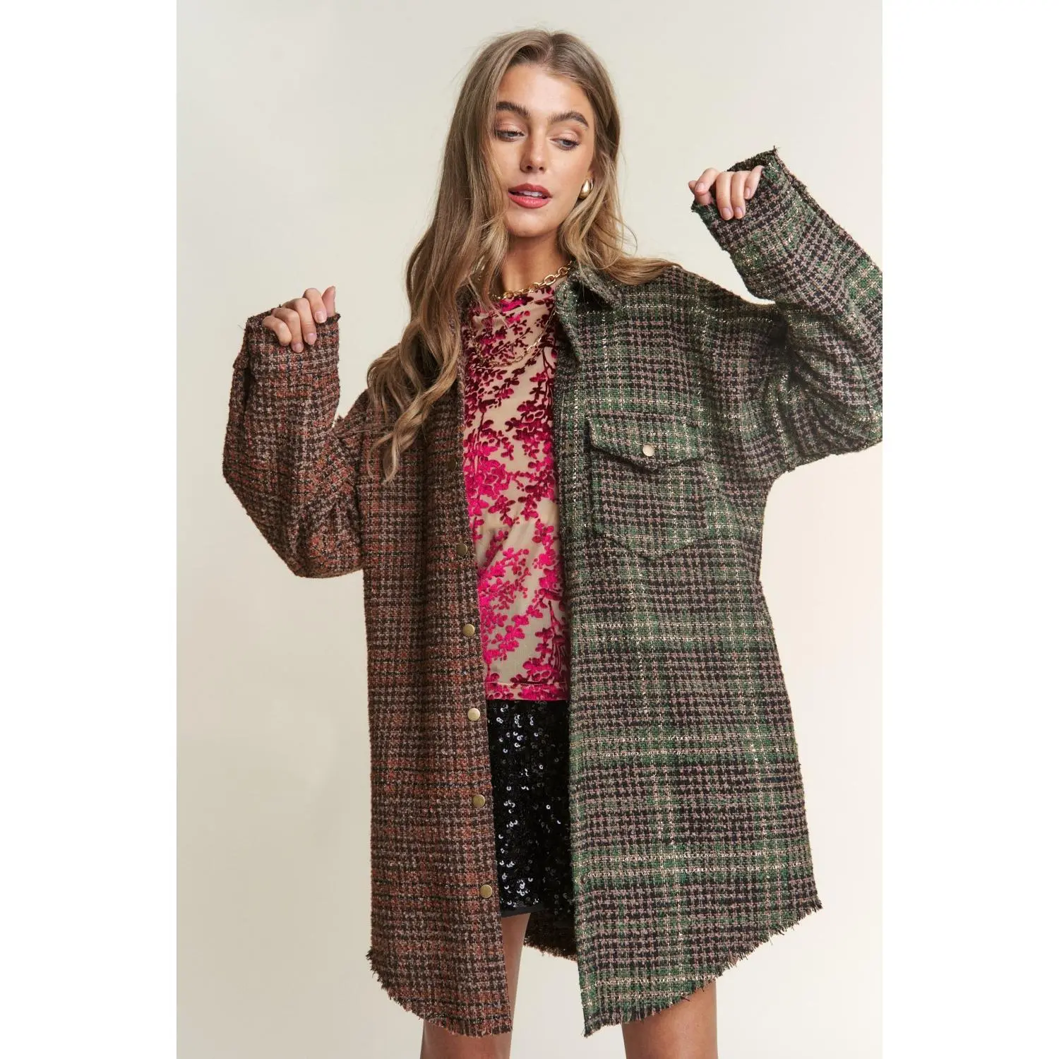 J.NNA Snap Down Tweed Plaid Contrast  Longline Shacket