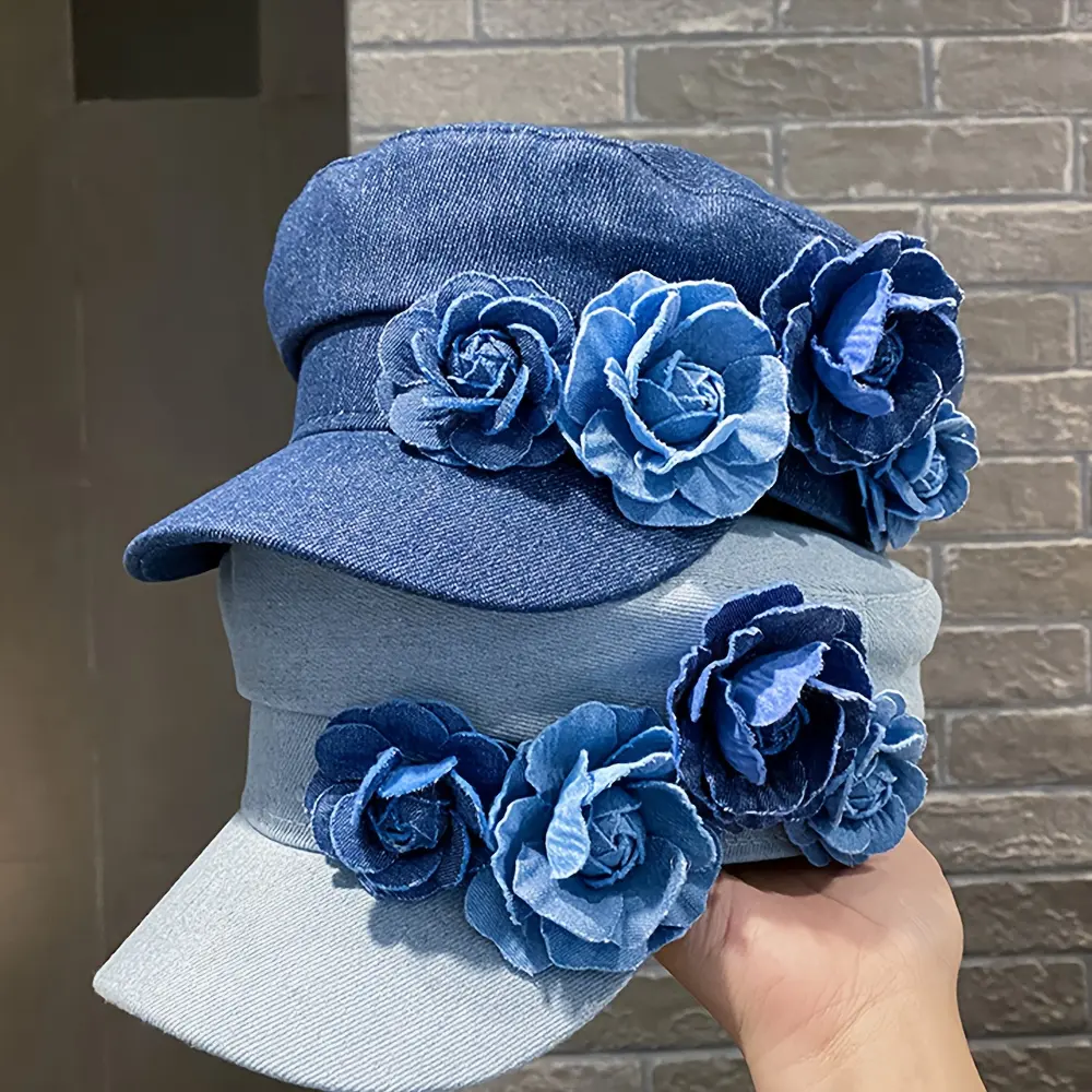 Women's 2025 Spring & Autumn Denim Fabric Baseball Cap - Stylish Accessories for Women, Octagonal Hat, Beret, Rose Design, Party Hat - Ideal for Outdoor Events, Camping - Great Gift for Sports Activities, Hats For Women