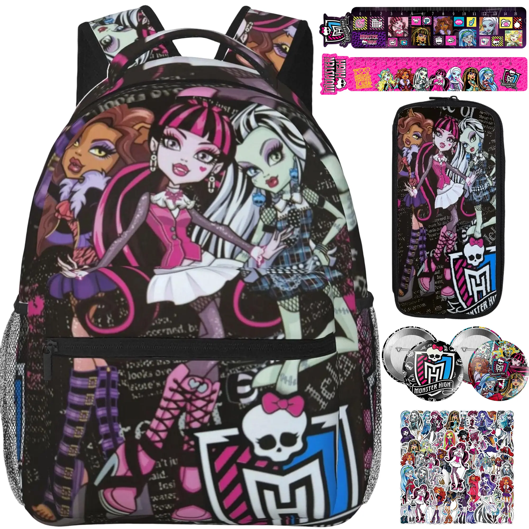 Monster High Character Art Themed Graphic School Backpack Set - Zipper Student Daypack with Pencil Case, 2 Rulers, 2 Badges, 10 Stickers, Laptop Compatibility, Back to School, Ideal Holiday Gift for Teen Girls