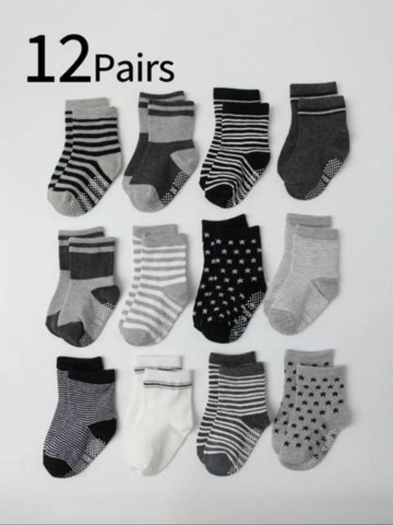 12 Pairs Kids Crew Socks, Striped Star Medium Calf Socks, Anti-Slip Silicone Design, Suitable for Ages 1-12, Boys and Girls, Active Socks