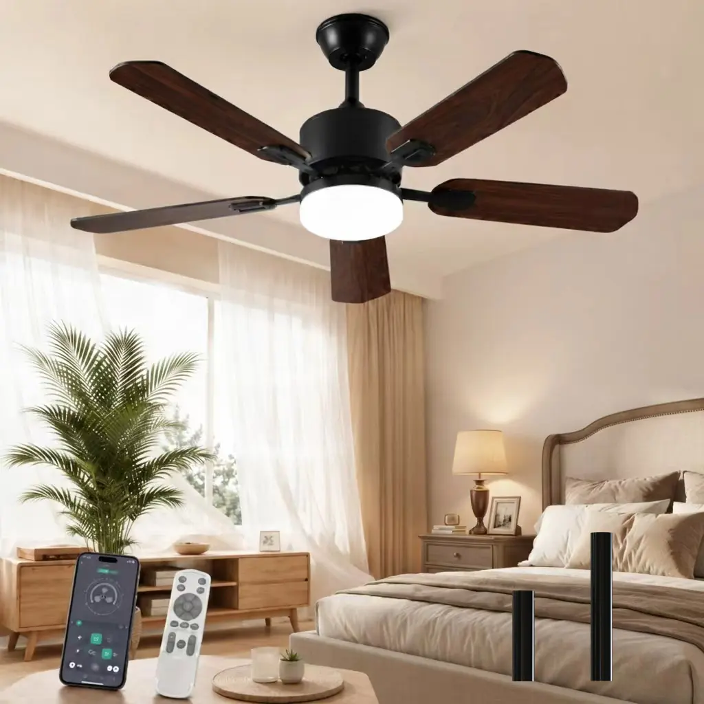 52 In Modern Rustic Solid Wood Smart Ceiling Fan - Dimmable LED Light, Dual-Finish Reversible Blades, 6-Speed Quiet DC Motor, All-Season Rotation, APP Voice & Remote Control, Indoor Home Decor