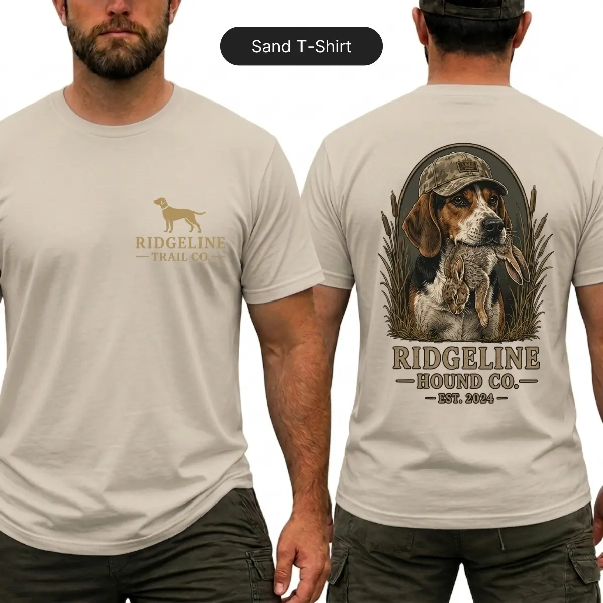 Ridgeline Hound Co Beagle Rabbit Hunting T-Shirt, Est 2024 Hound Dog Graphic Shirt, Front Chest Logo and Large Back Print Tee, Outdoor Trail Apparel, Rabbit Hunter Gift for Men and Women