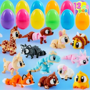 12 Pcs Prefilled Easter Eggs with 3D Printed Toys, Cute Mini Animal Toys with Big Eyes for Basket Stuffers, Party Favor for Boys & Girls, Stuffed Easter Egg Hunt, Class Prize Supplies, Kids Gift