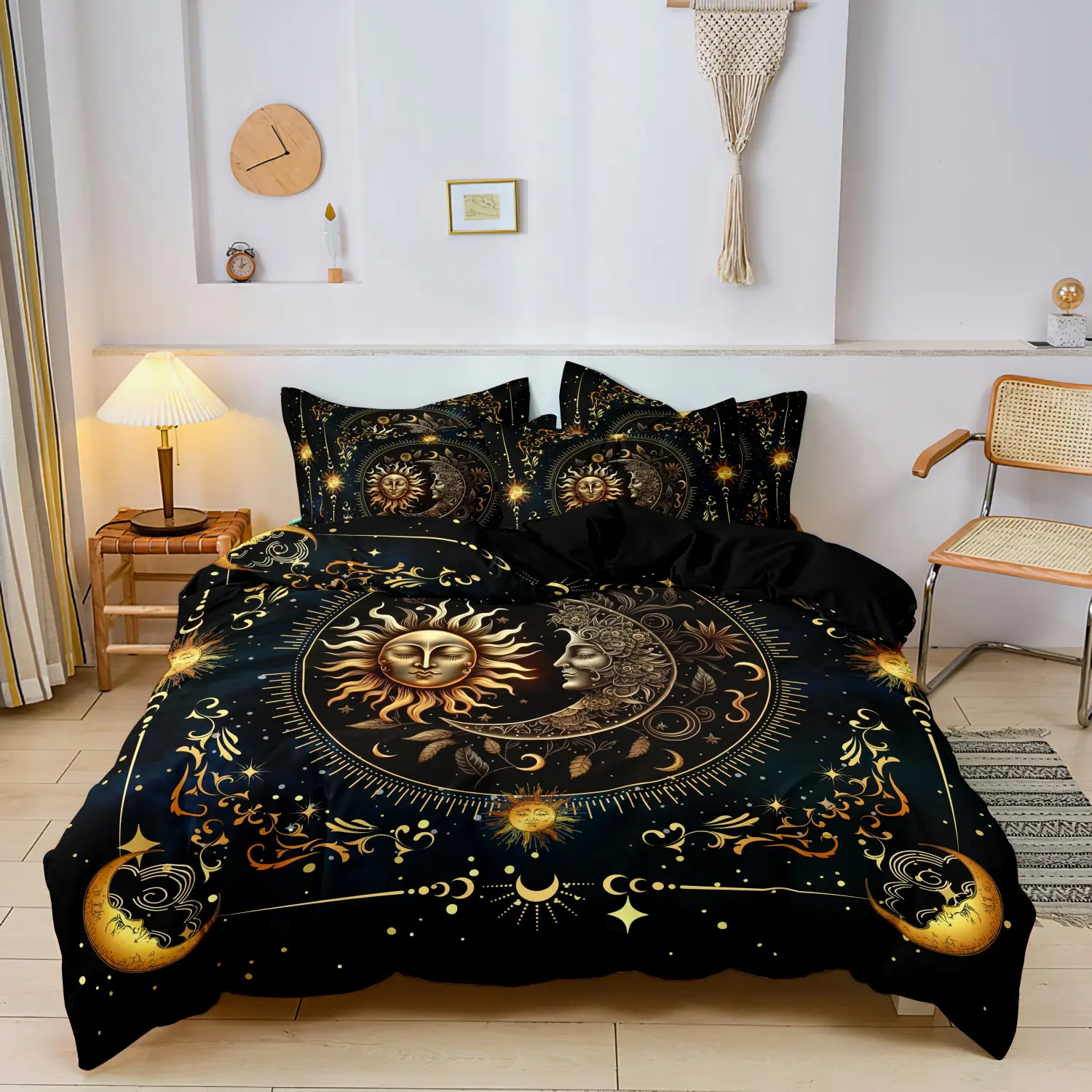 3pcs Set Black Gold Sun Moon Mandala Print Duvet Cover Sets Bedroom Boho Bedding Set (1 Duvet Cover + 2 Pillowcases, No Comforter, No Pillow)for Home Or Dorm Bedrooms Hotels Use