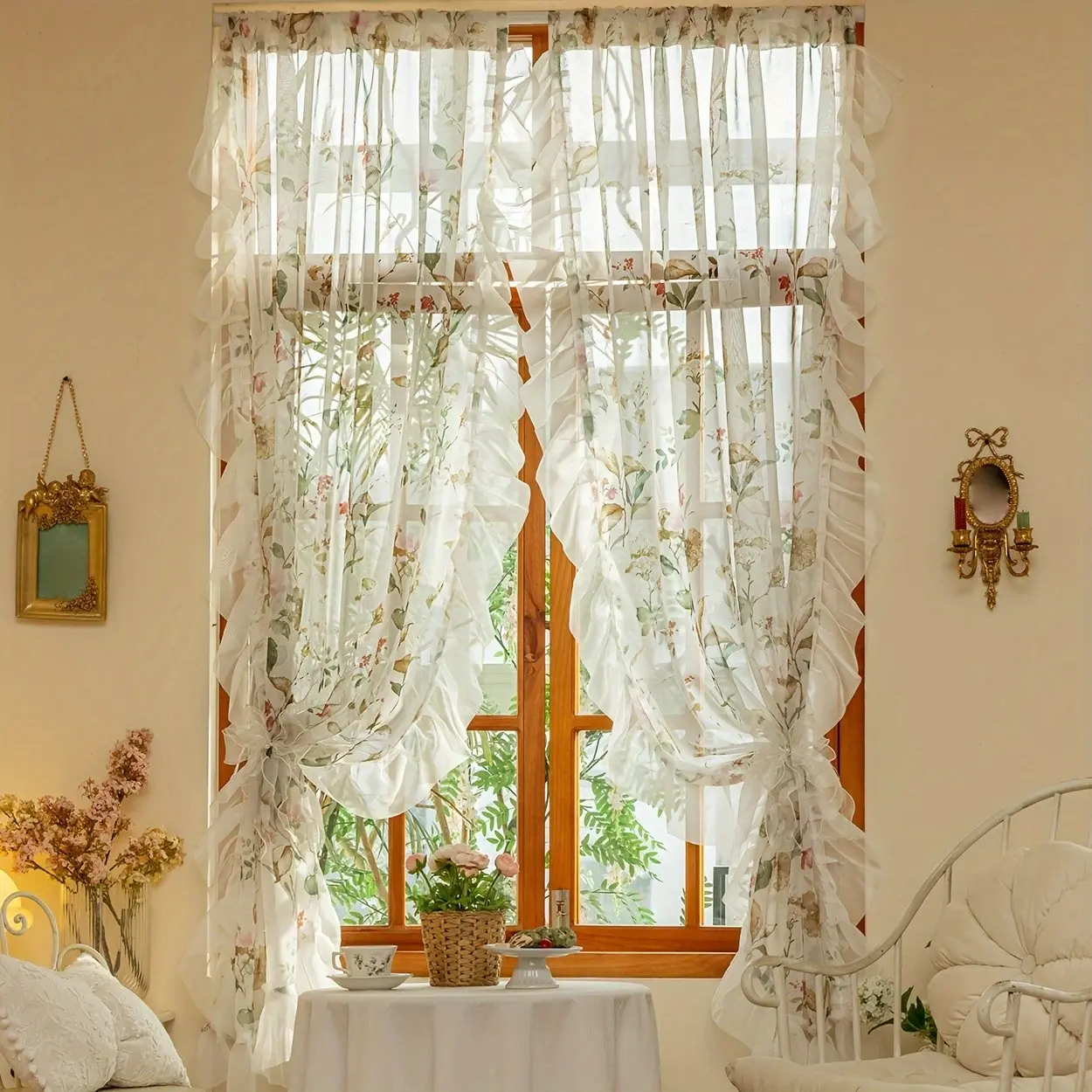 2 Panels Camellia Ruffled Sheer Curtain, Top Rod Hanging, Comfortable Smooth Touch, Floral Print Curtains, French Romantic Style, Window Curtain, Room Decor Curtain, Home Decorative Curtain, Home Decoration Curtain