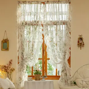 2 Panels Camellia Ruffled Sheer Curtain, Top Rod Hanging, Comfortable Smooth Touch, Floral Print Curtains, French Romantic Style, Window Curtain