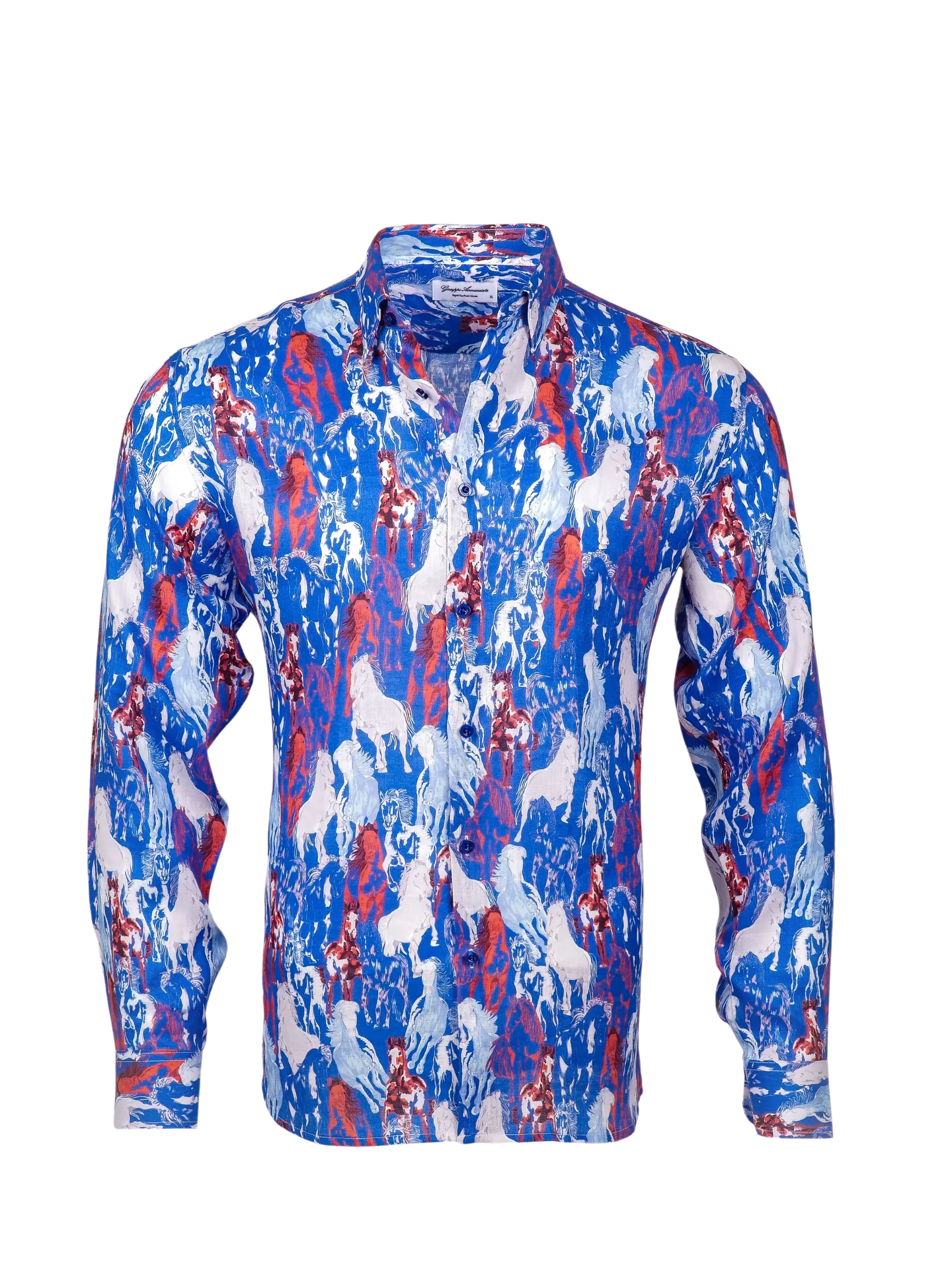 Printed Linen Shirt Horses Blue