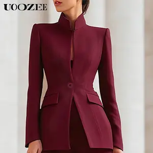 UOOZEE Women's Slim-Fit Stand Collar Blazer (Jacket Only) Long Sleeves Buttoned Pockets Blazer Outerwear(Ideal for Business Meetings, Formal Events & Smart-Casual Dinners)