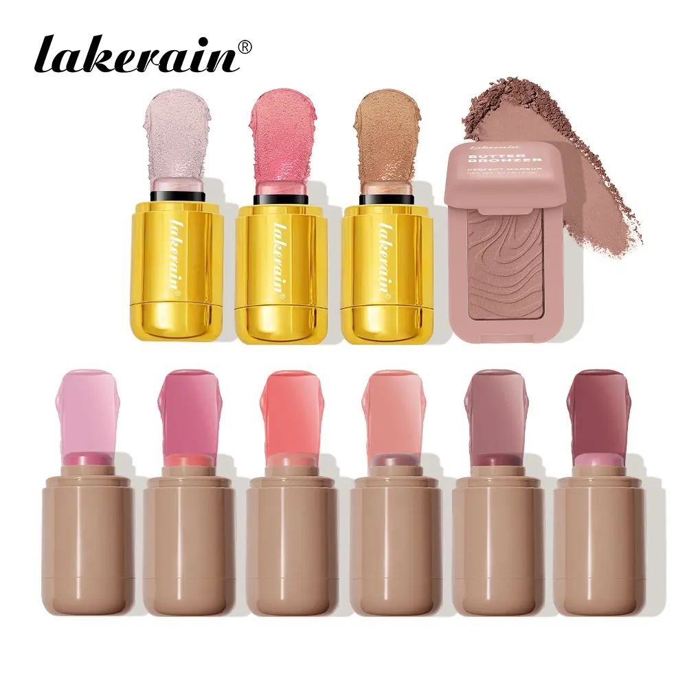 10 Counts Portable Makeup Kit, 6 Counts Pocket Twist-Up Blushes + 3 Counts Shiny Highlighter Sticks + 1 Piece Butter Contour Bronzer, Buildable Color, Compact for On-The-Go Touch Ups, Facial Makeup Box, Makeup Kit Set, Makeup Bundle Box