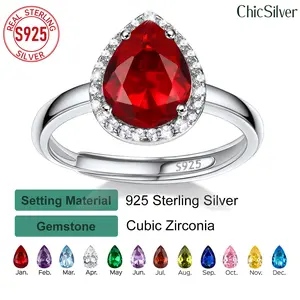 ChicSilver S925 Silver Adjustable Ring Pear Cut Birthstone Dainty Daily Minimalist Simple Casual Sparkling Shiny Adjustable Open Ring 925 Sterling Silver Cubic Zirconia Promise Ring Birthday Gift Jewelry for Women