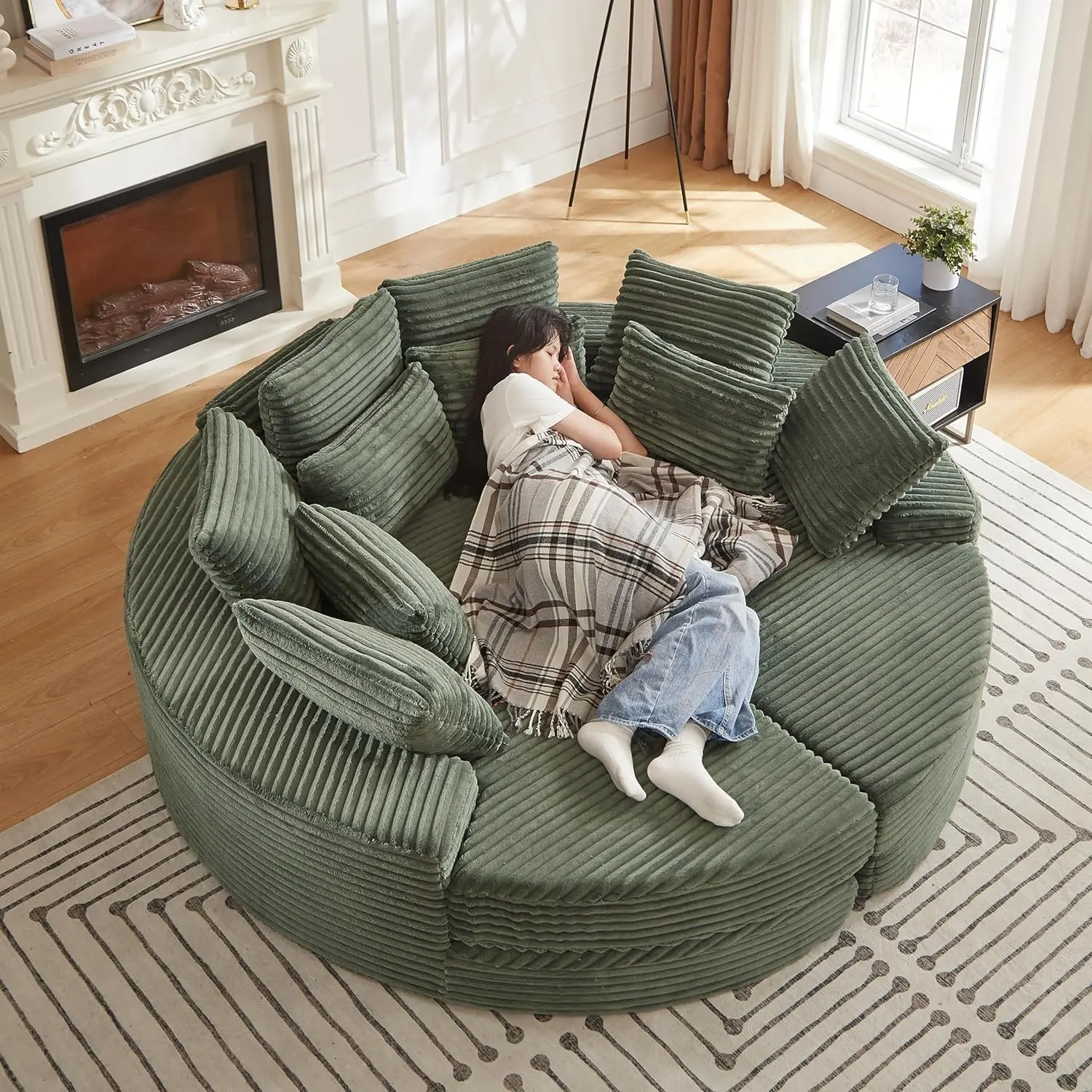 78.5" Corduroy Boneless Oversized Round Sofa, 2-in-1 Convertible Sofa Bed Turns into 2 Recliners, Full Circular Lounge with Neck Pillow & 5 Throw Pillows, Green Casual Luxe Sofa