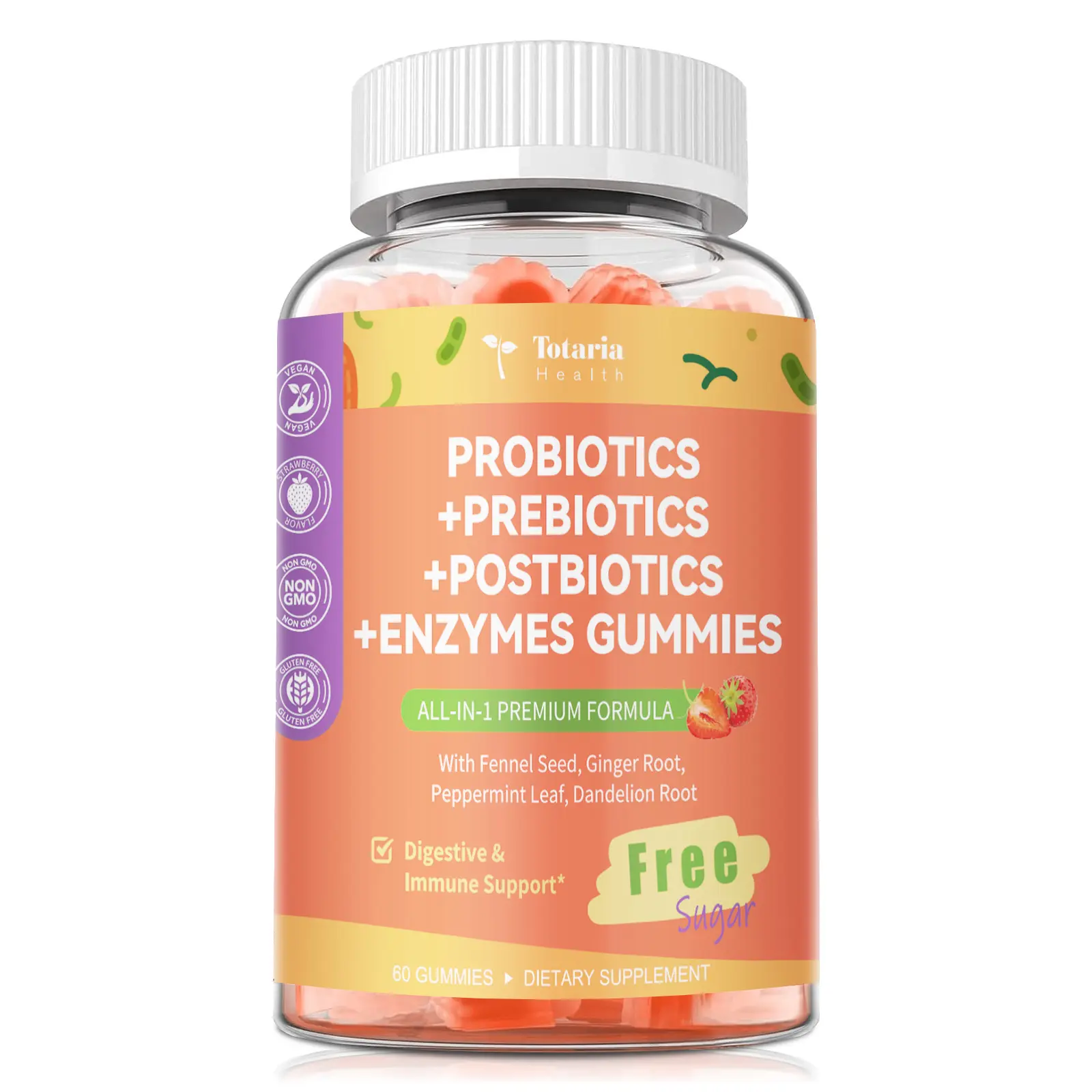 Totaria Sugar-Free 5-in-1 Probiotic Prebiotic Postbiotic Gummy with Digestive Enzymes, Peppermint & Strawberry Flavors, Vegan Gut Health Dietary Supplement for Bloating Relief, 60 Cts, Gut Health Supplement, Probiotic Supplement