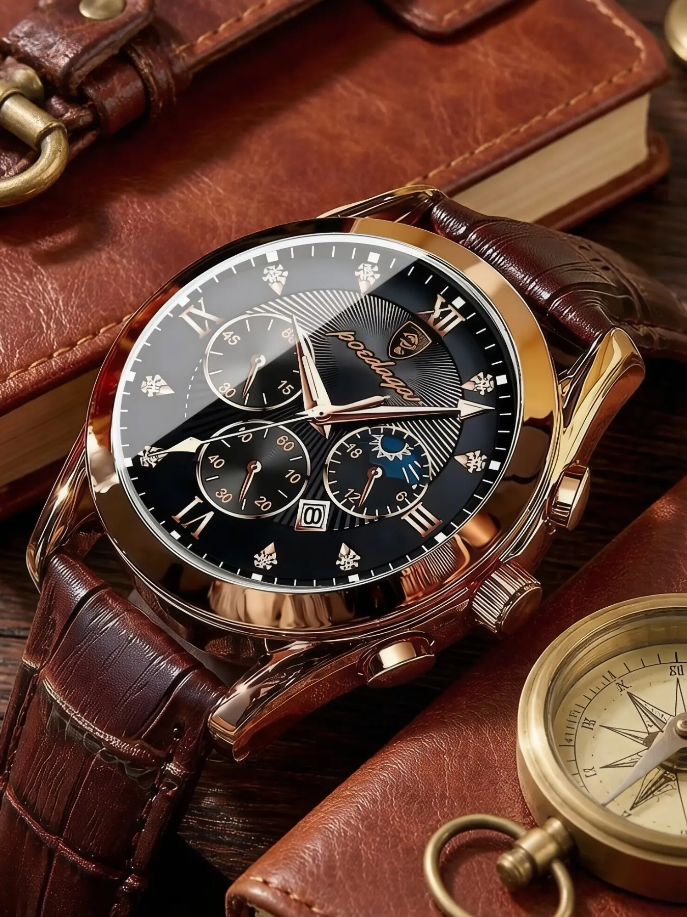 Classic Leather Men's Watch, Business Fashion Watches, Strap, Luminous Analog Watch, Luminous Hands, Calendar Function, Stainless Steel Case, Quartz Movement, Business Style Gift, Quartz Analog Wristwatch
