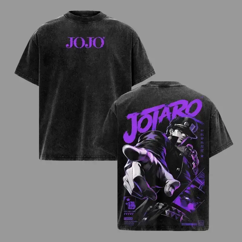 Men's Oversized Pre-Washed Soft Premium Cotton Short-Sleeve Crew Neck T-Shirt - Jotaro Kujo JoJo's Bizarre Adventure Graphic, Purple Streetwear, Unisex Manga Fan Gift, Relaxed Cut, Reinforced Seams