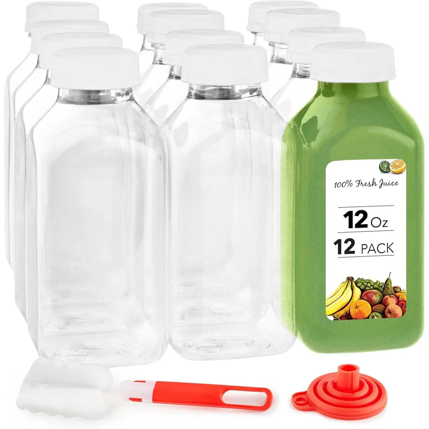 Juice Bottles with Caps for Juicing & Smoothies,  Clear Empty Plastic Bottles with Caps, 12 Ounce Drink Containers for Mini Fridge, Juicer Shots, Small Water Bottles Bulk 12 oz (12 Pack)