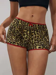 Women's Leopard Print Casual Comfortable Slim Fit Frill Trim Shorts, Fashionable Bowknot Design, All Season Wear, Versatile and Stylish