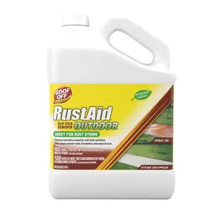 Goof Off 1 Gal. RustAid Outdoor Rust Stain Remover, Neutralizes and Dissolves Rust, Lime Scale, and Calcium Deposits on Concrete, Stucco, Wood, Brick, and Vinyl Siding, Safe for Plants and Grass, Easy Spray and Rinse, No Scrubbing Needed