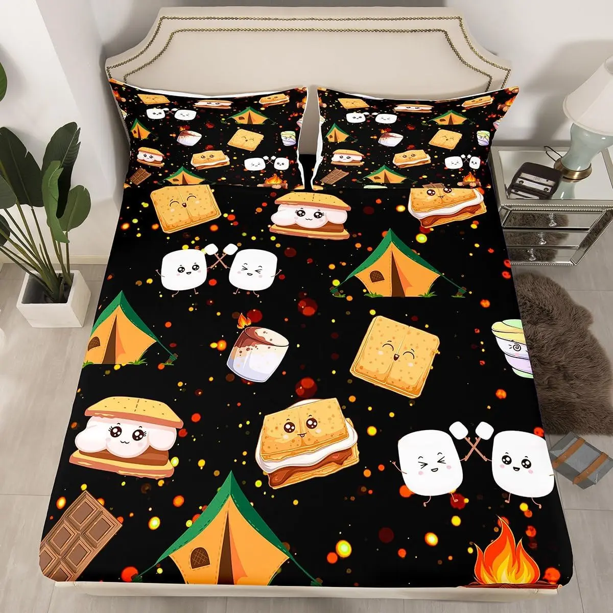Feelyou Microfibre Happy Camping Theme Bedding Set - Prints, Graphic, Novelty Fitted Sheet, Cute Marshmallow S'Mores Cookie Bed Cover, Twin-Full Size Outdoor Adventure Room Decor, Prints Fitted Sheets, Graphic Fitted Sheets