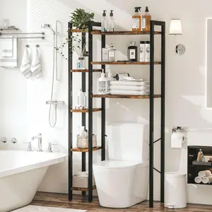 IRONCK Over The Toilet Storage with 8-Titer Shelf, Mass-Storage Side Storage Open Rack, Freestanding Bathroom Organizer Space Saver, for Bathroom, Restroom, Laundry, Vintage Brown，Black