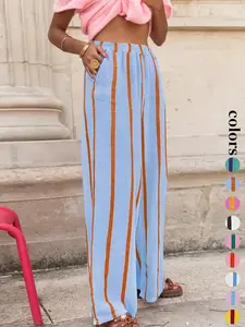 Casual Comfy Trousers for Daily Wear,  Women's Striped Print Wide Leg Pants, Ladies Bottoms for All Seasons, Casual Chic Bottoms, Casual Straight Leg  Homewear Love Loungewear