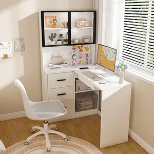 Computer Desk Office Home Desk with Glass Cabinets & Built-In LED Lights,  L-Shaped Corner Desk with USB Charging Ports, Keyboard Tray, Ergonomic Design for Home and Corporate Workspaces