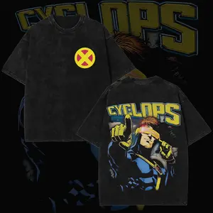 Retro Cyclops "Optic Blast" Edition Graphic Double-Sided Vintage Washed T-Shirt, Unisex Oversized Heavyweight Cotton Streetwear Top, Ideal Gift for MCU Fans & Mutant Superhero Collectors