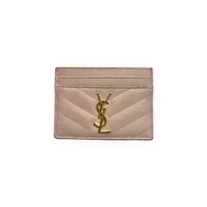 Pre-owned Yves Saint Laurent Matelasse grained leather Small Leather Goods Cassandre card holder light beige Very Good S014260428050