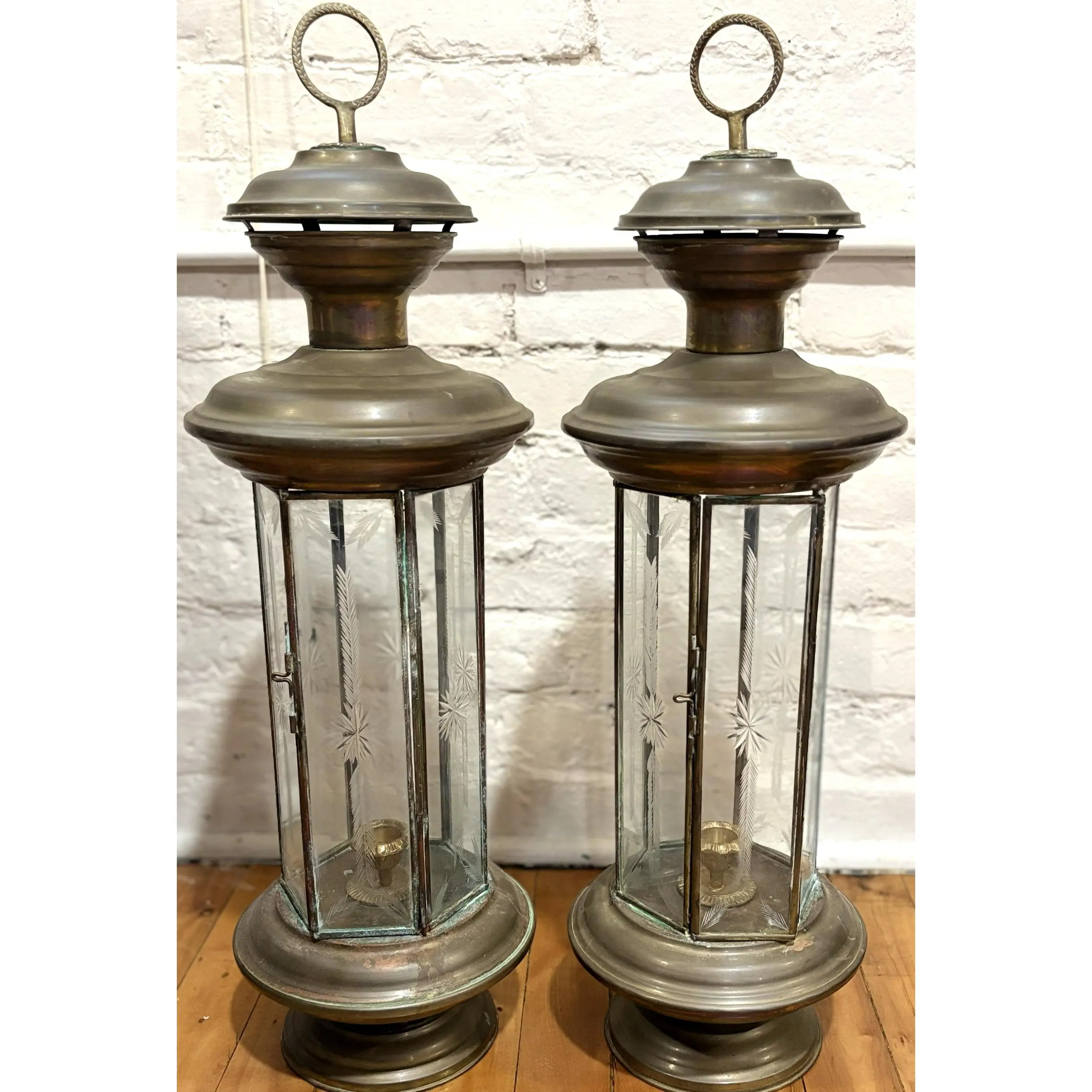 Pair of Vintage Brass Candle Lanterns with Etched Glass Panels 6-Sided Carriage Style - Antique Brass Hexagonal Candle Lanterns Set of 2