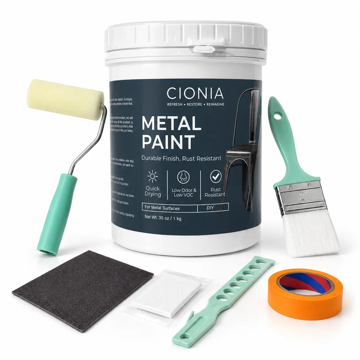 CIONIA Metal Paint Kit, 35 oz Black Metal Paint for Railings, Gates, Fences, Trailers & Tool Boxes, Rust Resistant Semi-Matte Finish, Low Odor DIY Paint with Roller & Brush