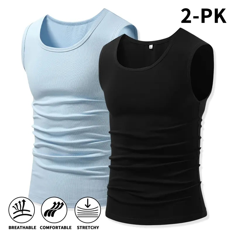 2 Pack Men Solid Color Cotton Sleeveless Tank Tops, Slim Fit Stretchy Breathable U Neck Muscle Vests, Soft Basic Undershirts for Bodybuilding, Gym, Running, Training and Daily Summer Casual Outfits singlets