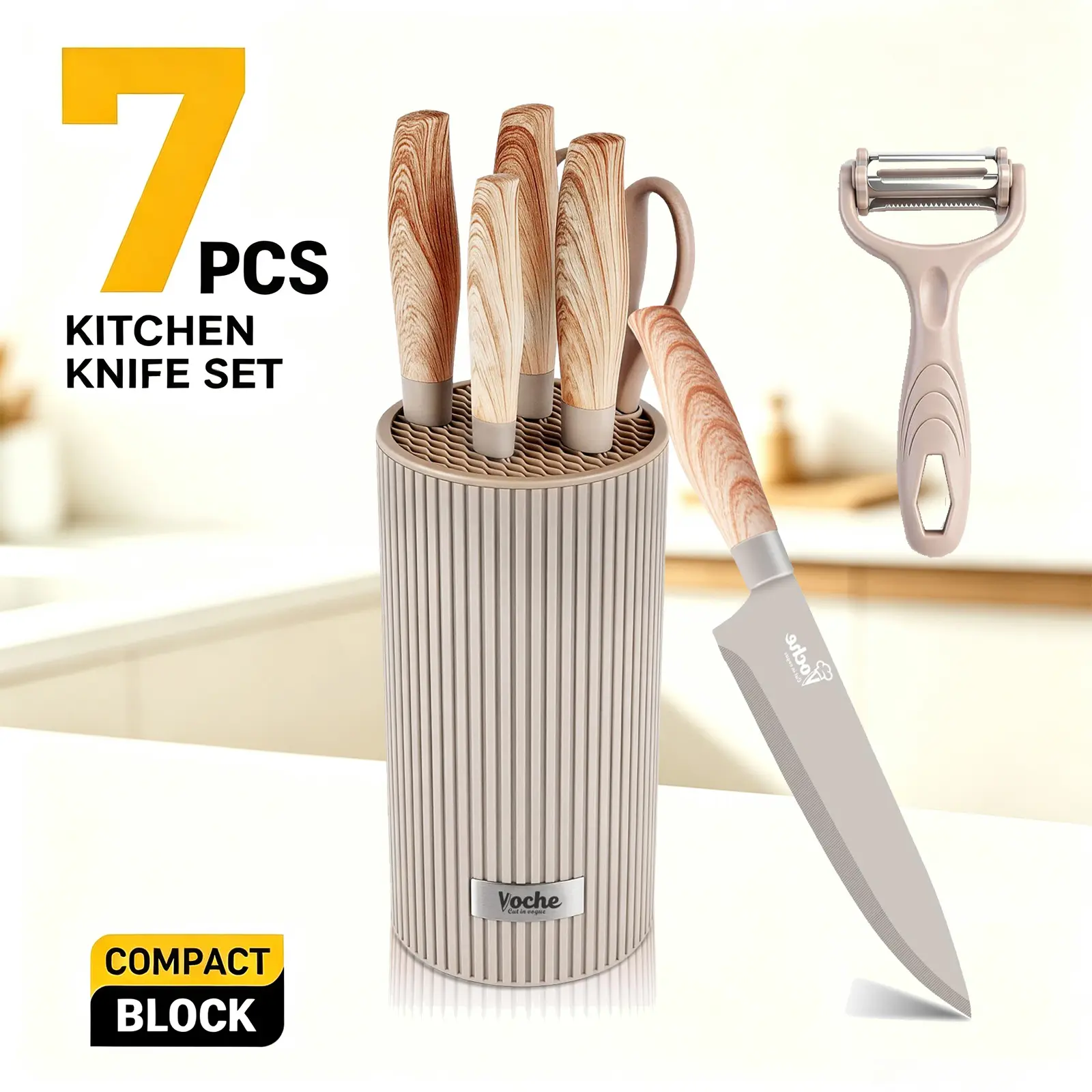 Voche 7 Pieces Kitchen Knife Set, Compact Drainable Knife Block Holder, Ergonomic Wood Grain Handle Sharp Stainless Steel Chef Knives with Kitchen Shears & Vegetable Peeler, Easy Clean Storage Cutlery Set for Home Cooking Dorm RV