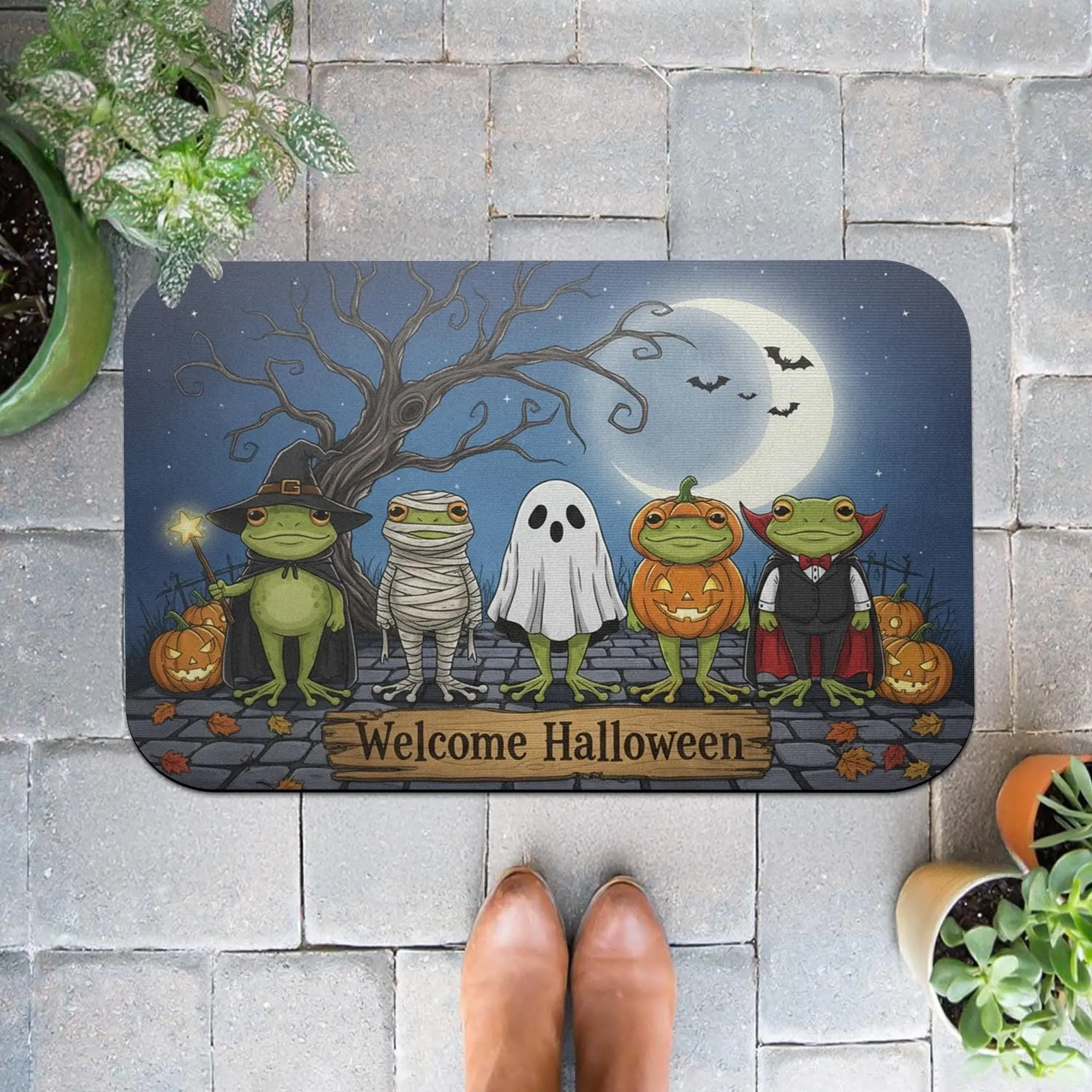 [Sale off up to 65%][Free Ship] Halloween Doormat with Frogs in Costumes – Indoor Outdoor Welcome Mat, Non Slip Decorative Rug