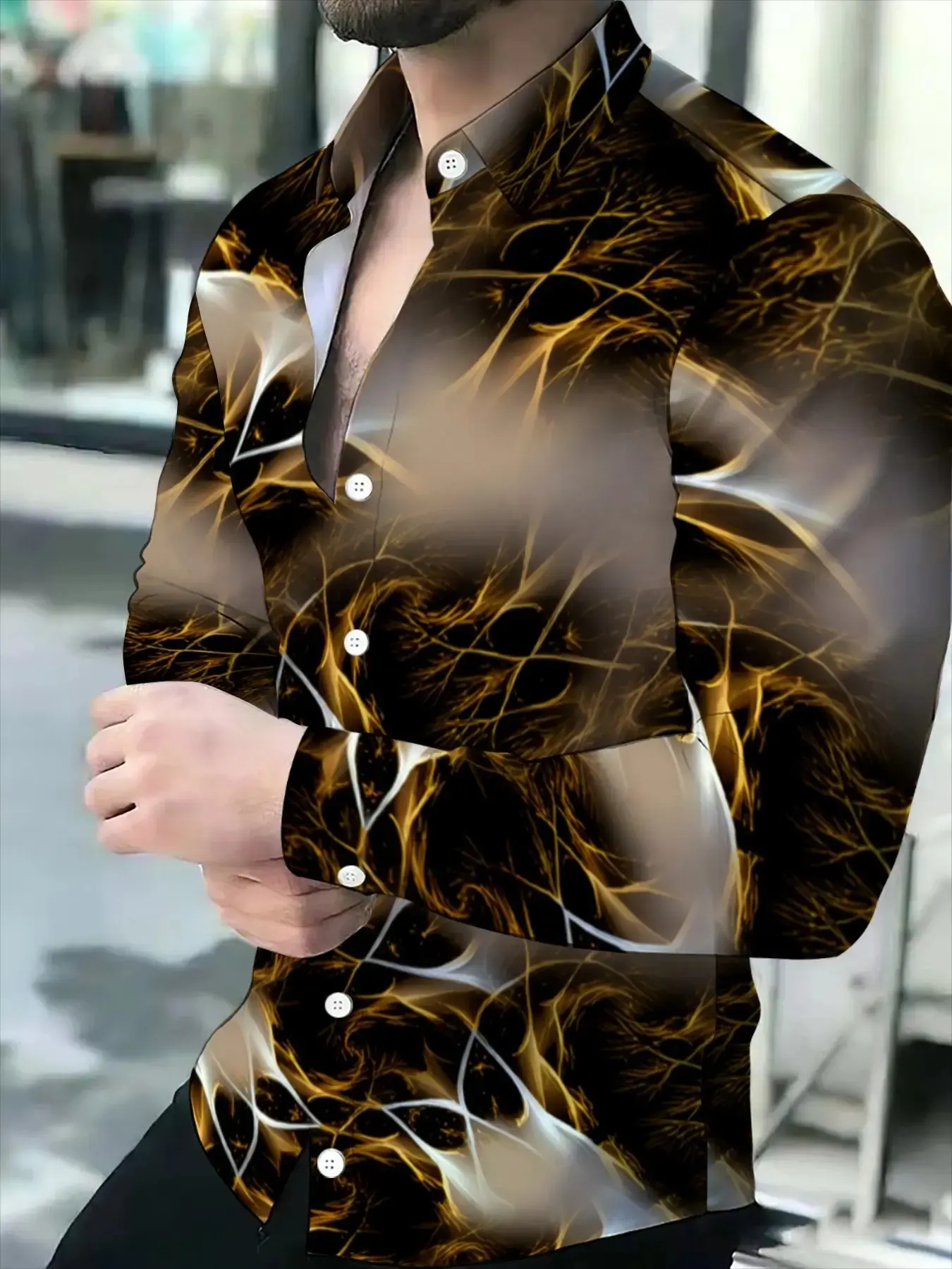 Men's Long Sleeve Shirt Casual Button Front Design Buttons Collared Oversized Abstract Black and Gold Lightning Novel Print PatternGift.