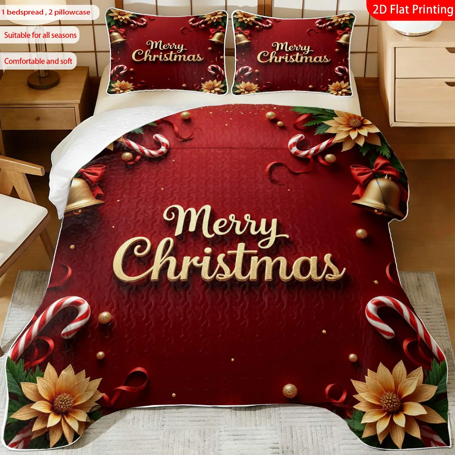 3pcs, 2D Flat Print Christmas Themed Quilted Bedspread Set with Poinsettia Bell Pattern, Multiple Sizes Available, Bedding Set, Festive Decorative Bedding, Ideal for Bedroom Décor(1 bedspread , 2 pillowcase)
