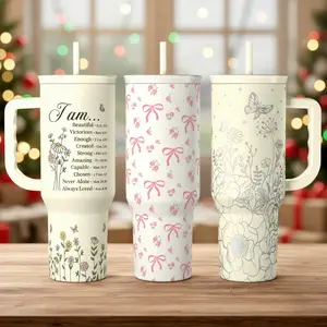 Sandjest Patterned 40oz Tumbler with Straw & Handle, Stainless Steel Insulated Vacuum, Cup Holder Friendly Base, Drinkware Gift for Birthday Christmas