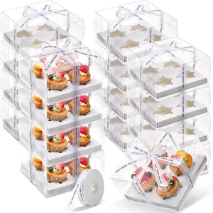 24 Pack Mother's Day Cupcake Boxes Set, 4 Count Cupcake Containers with Ribbon Clear Muffin Boxes with Inserts Plastic Cake Carrier Holder for Treat Dessert Cookies Pastry Party Supplies