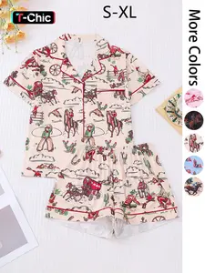 Women's All Over Cowboy Print Lapel Shirt & Shorts Pajama Two-piece Set, Casual Comfy Short Sleeve Top & Shorts PJ Set, Ladies Summer Sleepwear Pajamas Loungewear Pyjamas Womenswear Cowgirl Pajama Shorts