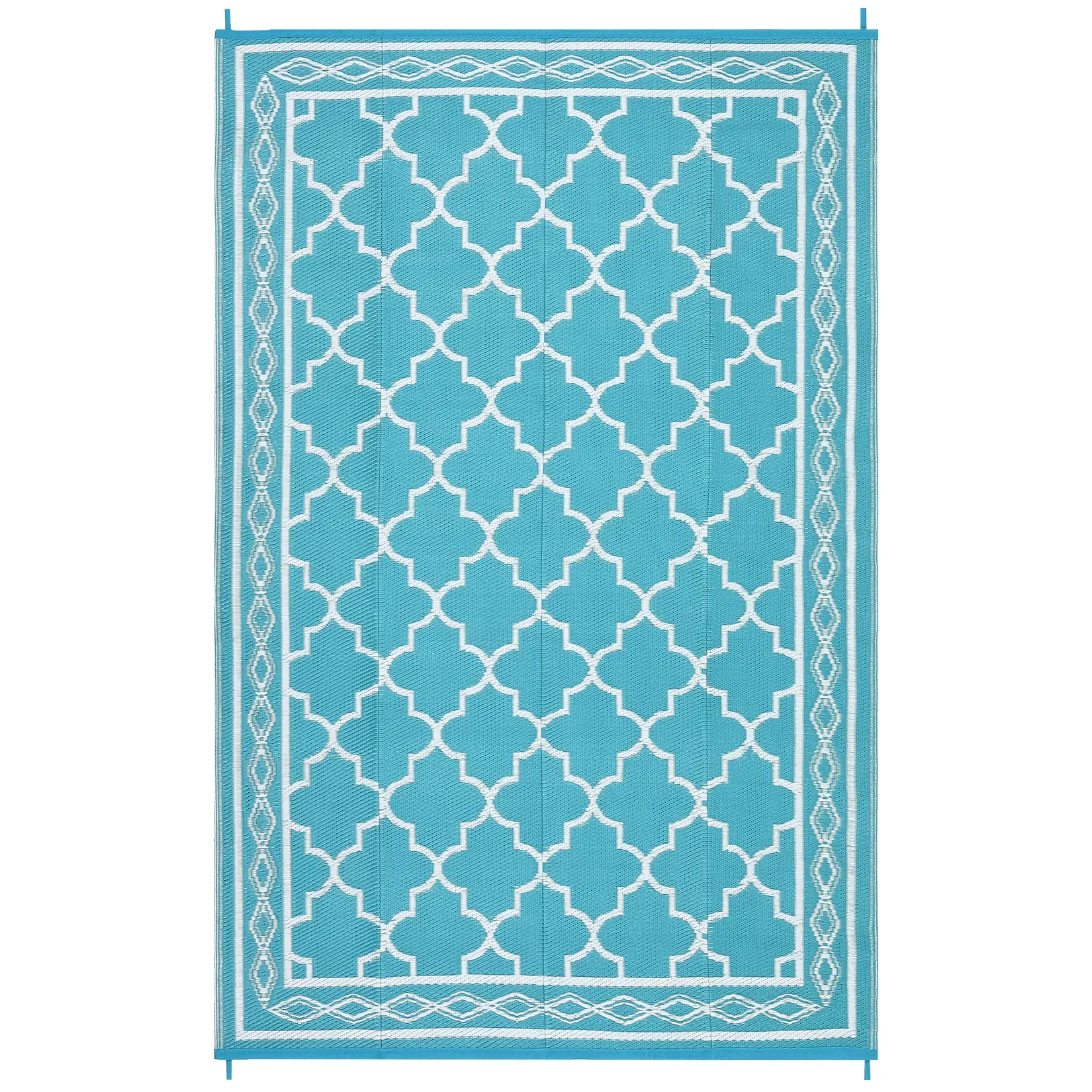 9x12 ft Durable Light Blue and White Reversible Plastic Rectangular Geometric Area Rug - Modern Moroccan Theme with Rhomb Border, Home Decor Mat, Portable Outdoor Patio Rug for Porches, Kid Room, Patio Rugs
