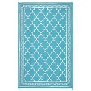 9x12 ft Durable Light Blue and White Reversible Plastic Rectangular Geometric Area Rug - Modern Moroccan Theme with Rhomb Border, Home Decor Mat, Portable Outdoor Patio Rug for Porches, Kid Room