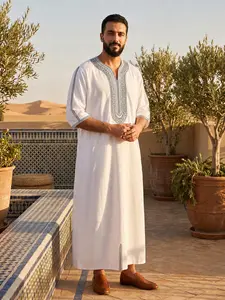 Moroccan Traditional Men's V-Neck Embroidered Long Robe, Classic Loose-Fit All-Over Print, Ideal for Festivals and Gifts